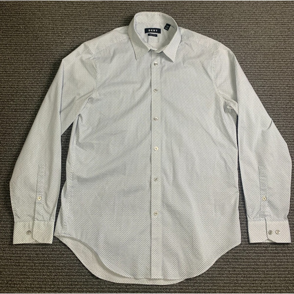 DKNY Mens White Geometric Pattern Long Sleeve Slim Fit Stretch Dress Shirt XL